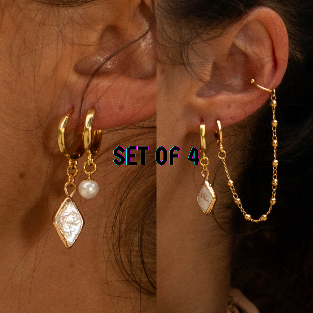 Diamond Pearl and Ear Cuff Huggie Set