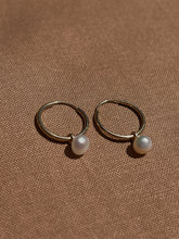 Load image into Gallery viewer, 14K Yellow Gold Pearl Mini Hoops
