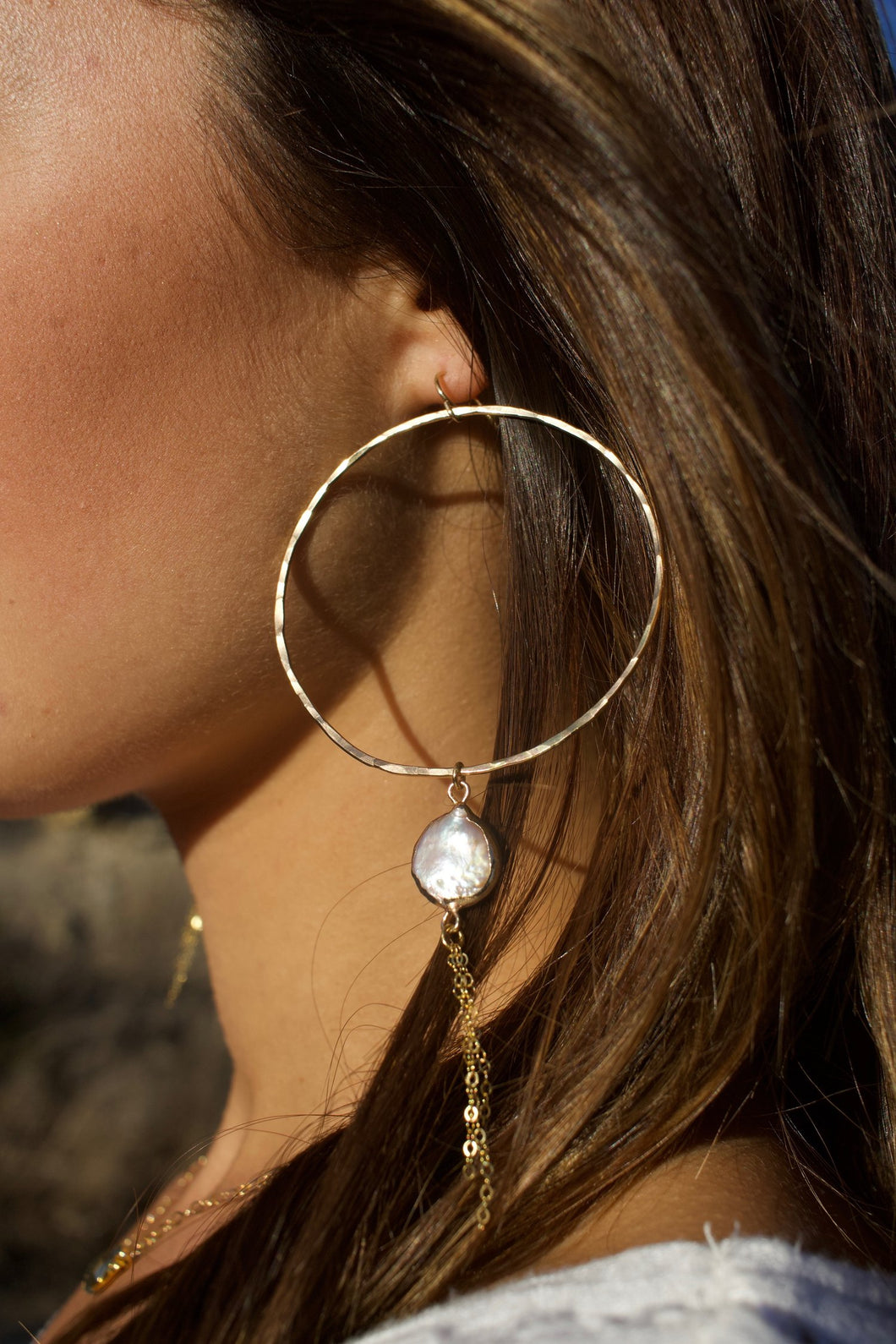 Dainty Baroque Pearl Hoops with Gold Tassels