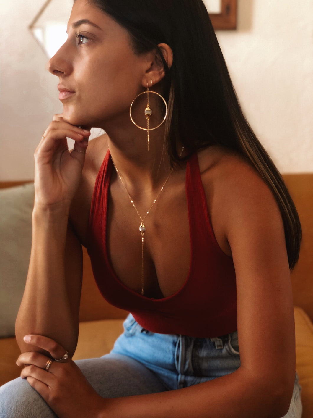 Moonstone Tassel Hoops